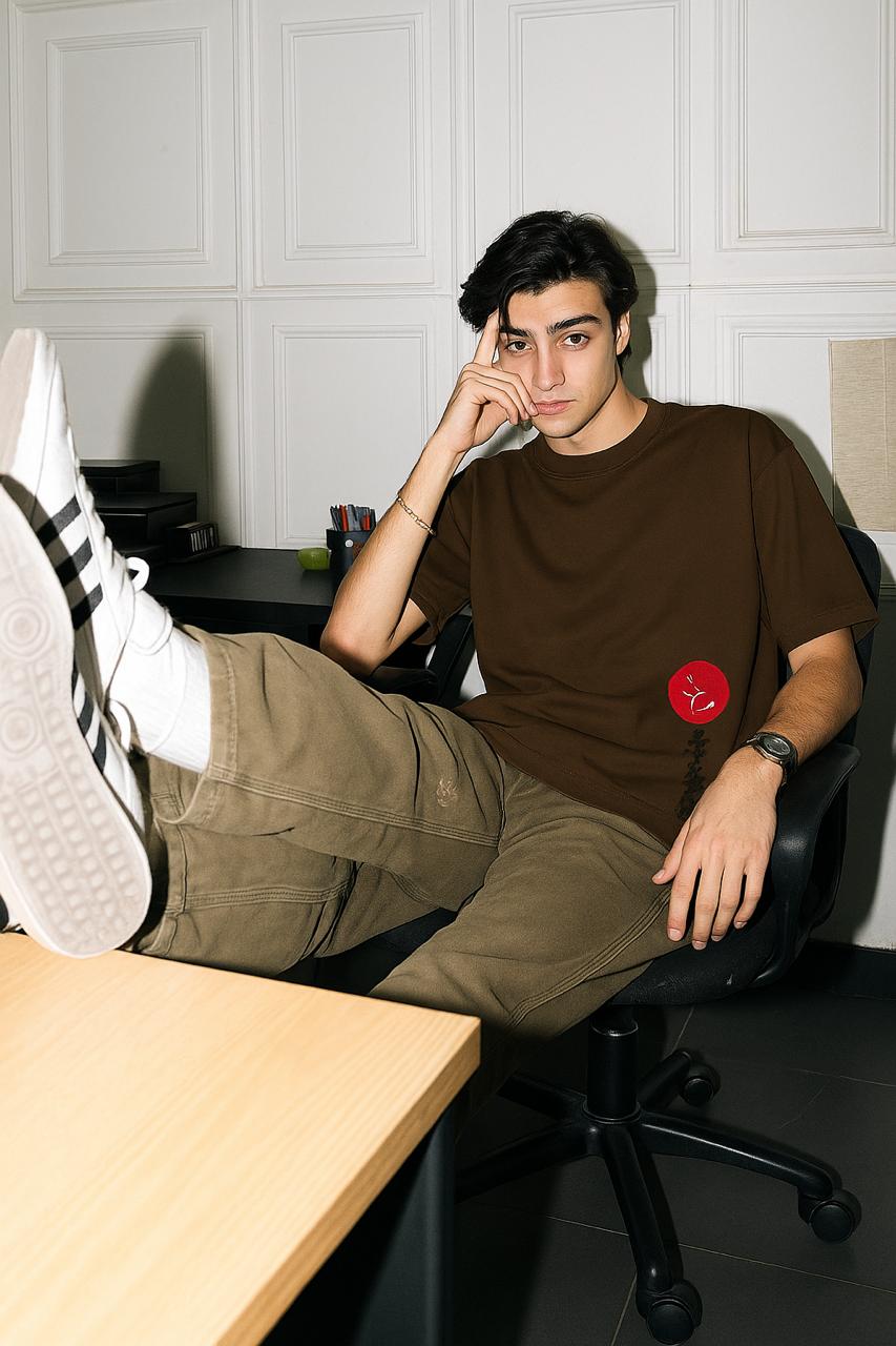 Crimson Blossom Minimal Graphic Oversized T-Shirt – Brown