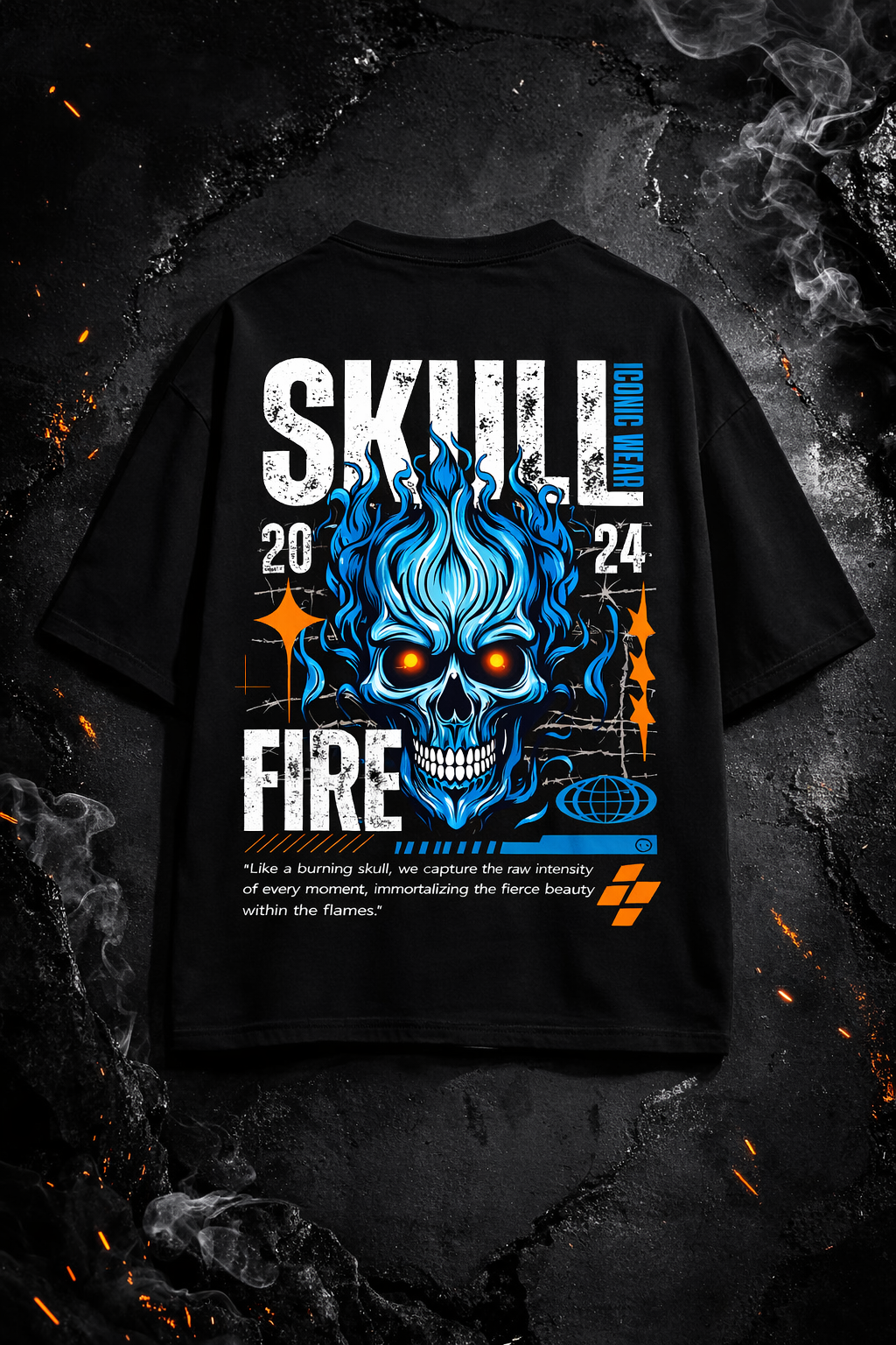Blue Flame Skull Graphic Oversized T-Shirt – Black