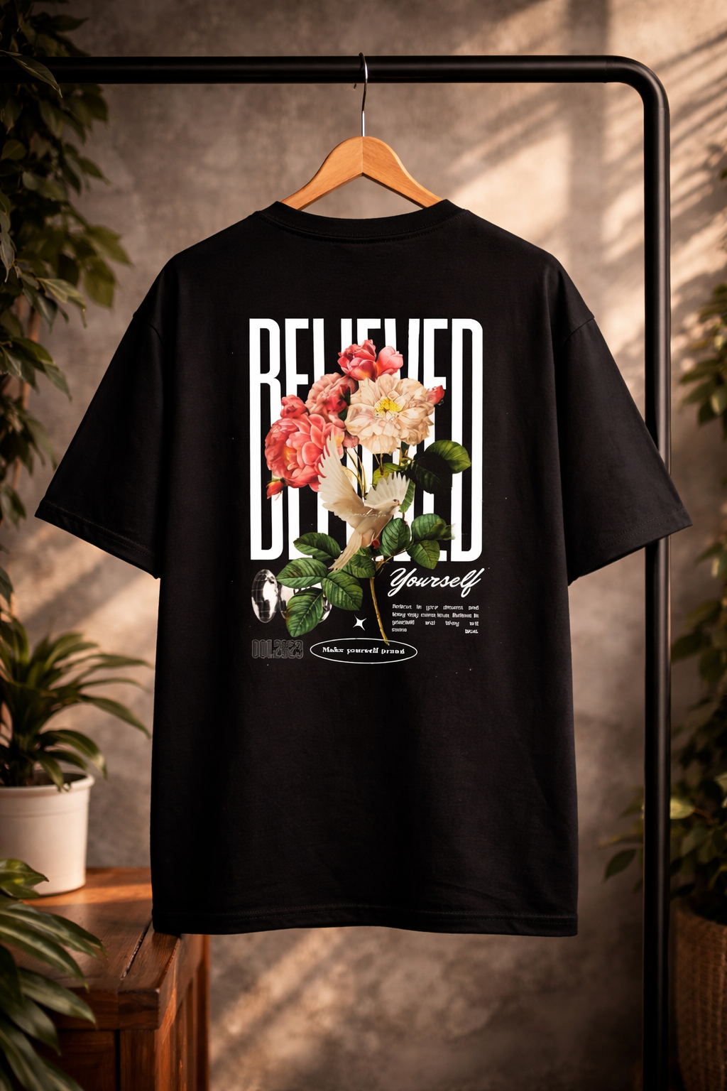Beyond Yourself Floral Dove Graphic Oversized T-Shirt for Men | Premium 100% Cotton Streetwear Tee
