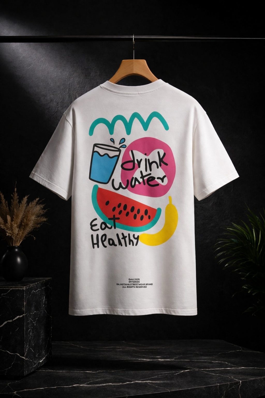 Drink Water Eat Healthy Graphic Oversized T-Shirt for Men | Premium 100% Cotton Streetwear Tee