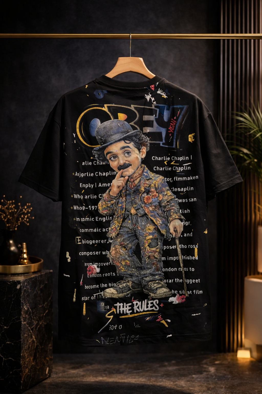 Obey the Rules Charlie Chaplin Graphic Oversized T-Shirt for Men | Premium 100% Cotton Streetwear Tee