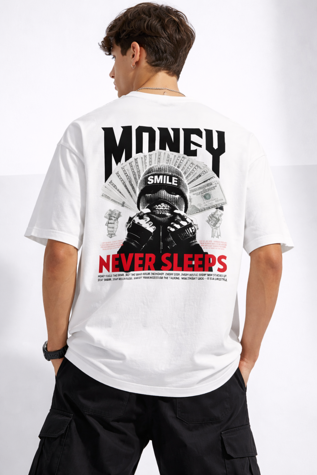 Money Never Sleeps Graphic Oversized T-Shirt for Men | Premium 100% Cotton Streetwear Back Print Tee